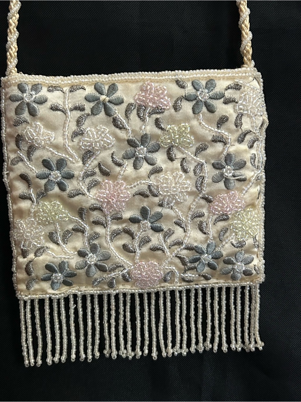 La Regale Beaded Floral Ivory Evening Crossbody Bag with Fringe